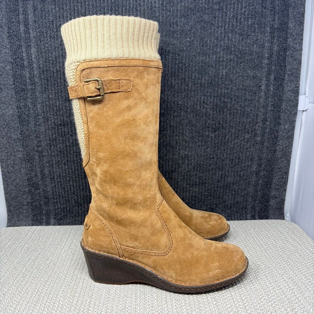 UGG Skyfall Boots Brown Suede Knit Cuff Tall Shearling Wedge Zip Women’s 10